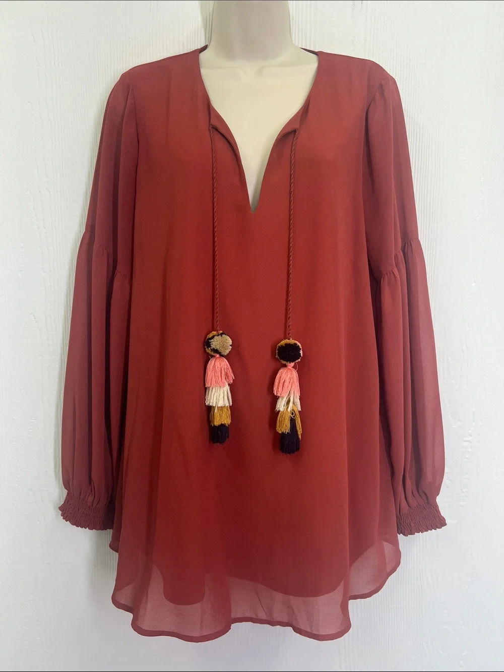 Show Me Your MuMu - Jelina Tassel Long Sleeve V Neck Boho Blouse Size Small